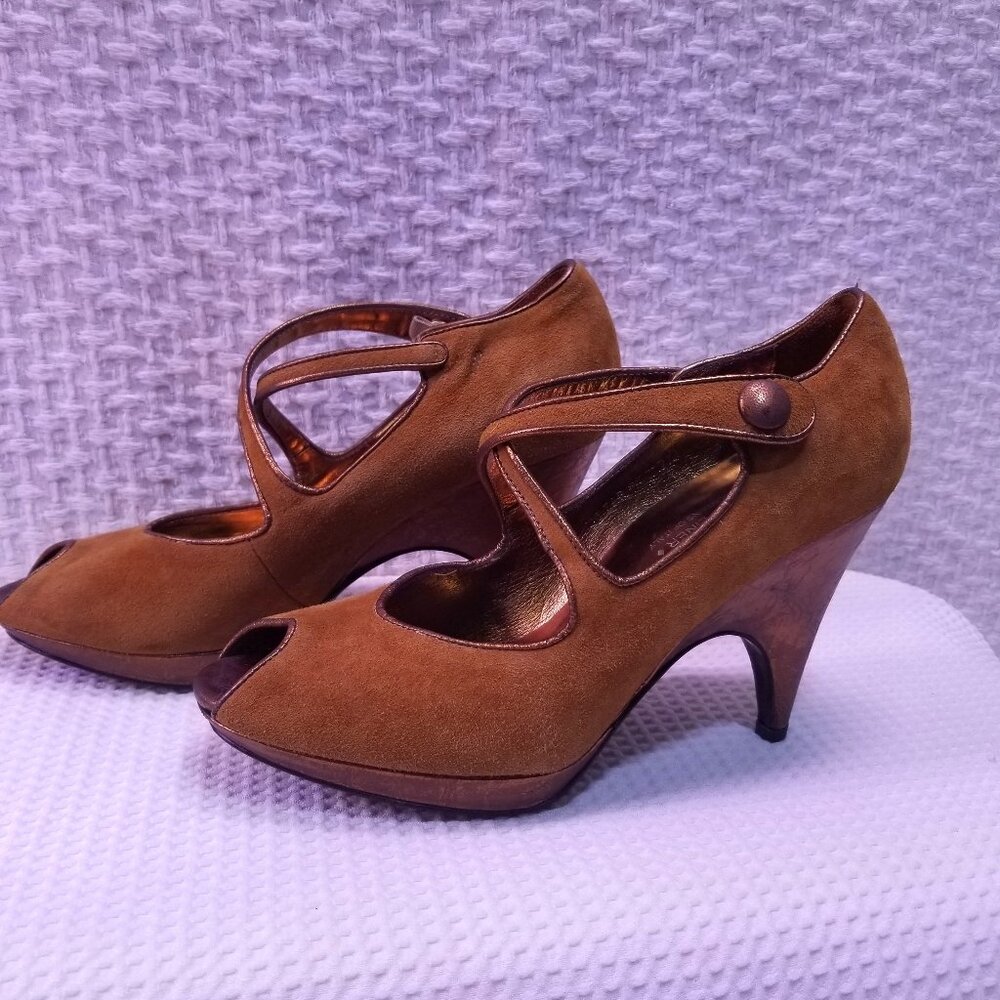 Donald J. Pliner Brown Suede Peep-Toe Mary Jane Heels